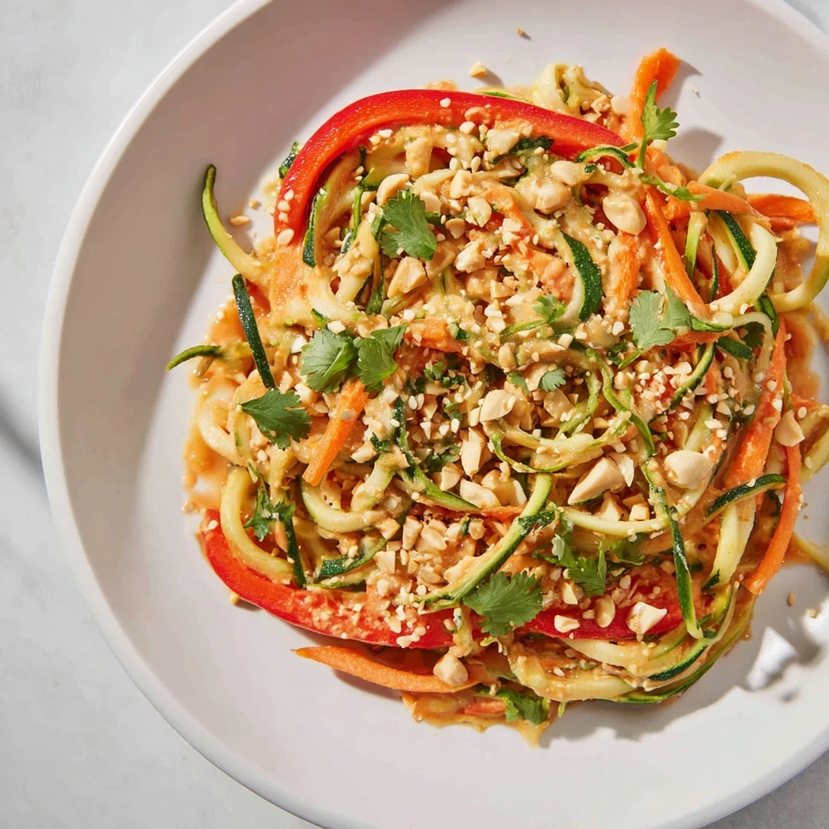 Fresh zesty peanut zucchini noodles salad, featuring crunchy vegetables and a spicy peanut dressing.