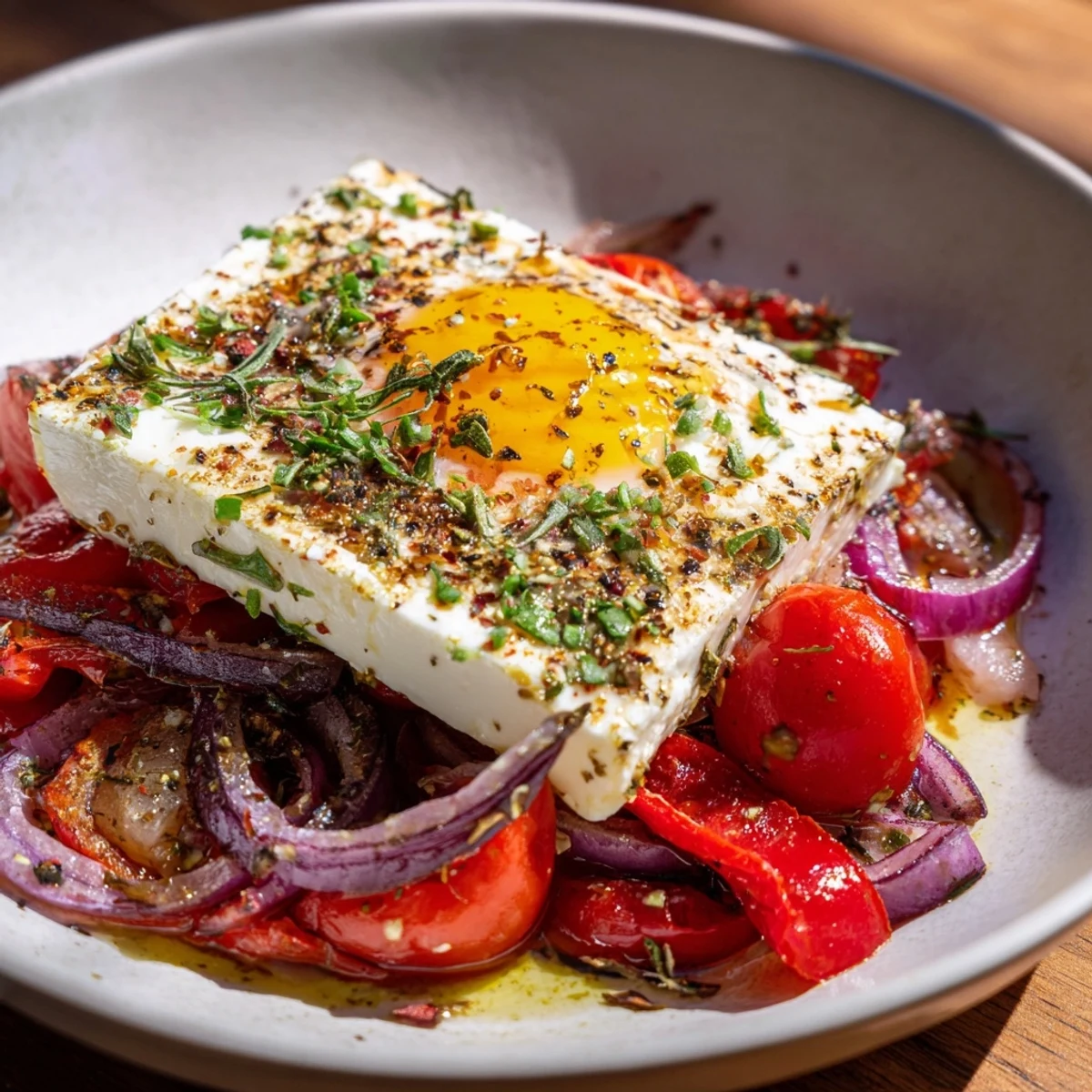 Imagine baked Mediterranean Feta & Eggs featuring runny yolks, soft feta, and vibrant tomatoes—perfect for brunch!