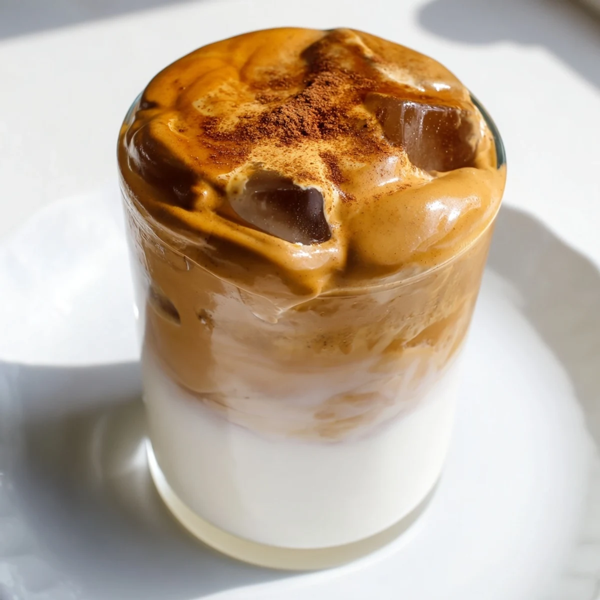 Fluffy brown sugar dalgona latte, topped with cinnamon, offering a sweet, frothy coffee experience.