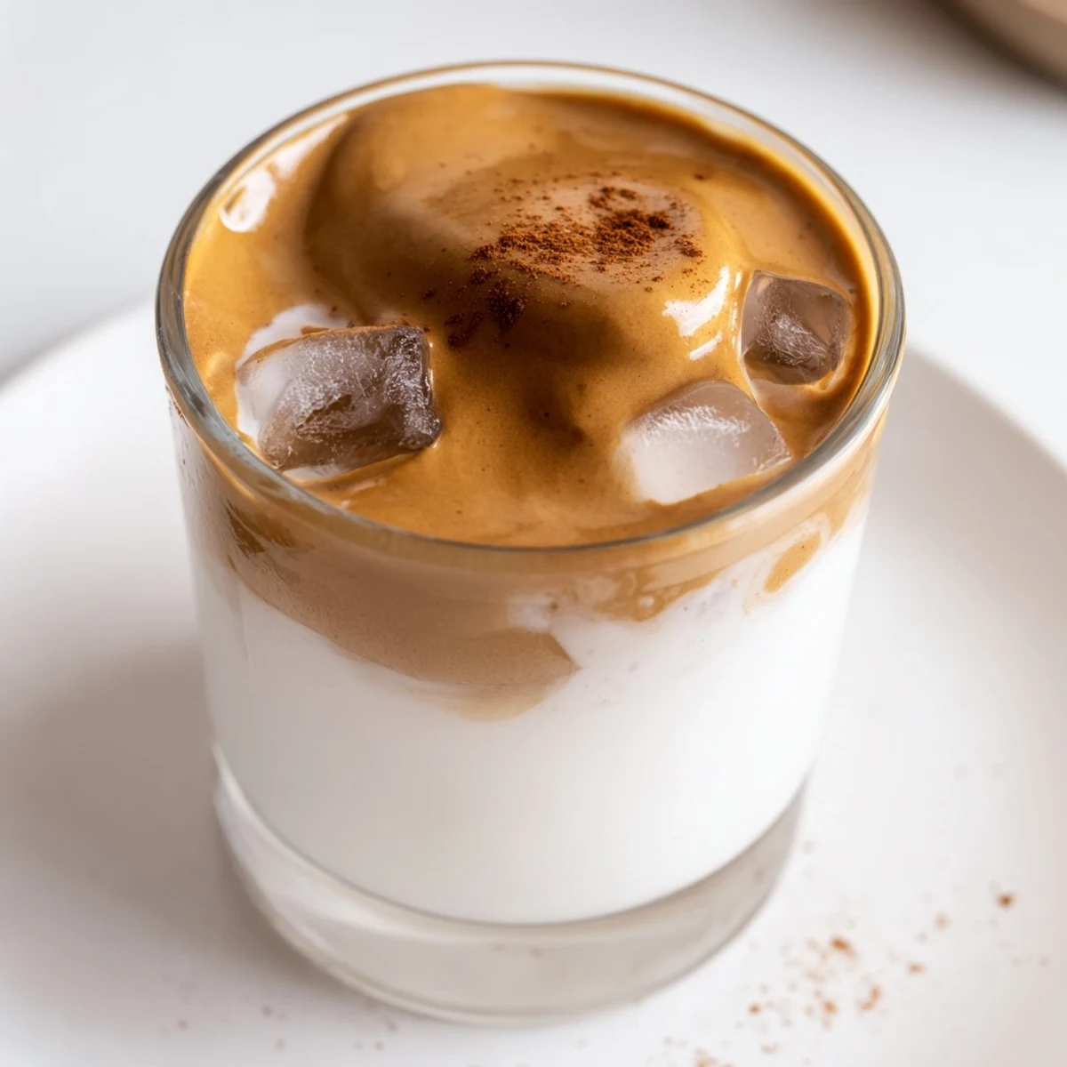 A close up of a layered brown sugar dalgona latte, showing creamy whipped coffee atop cold milk.