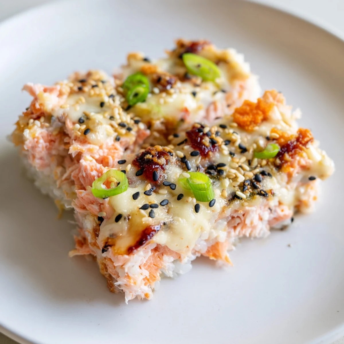 Golden-baked Creamy Salmon Sushi Bake, a deconstructed sushi experience with tender salmon and bubbly cheese.