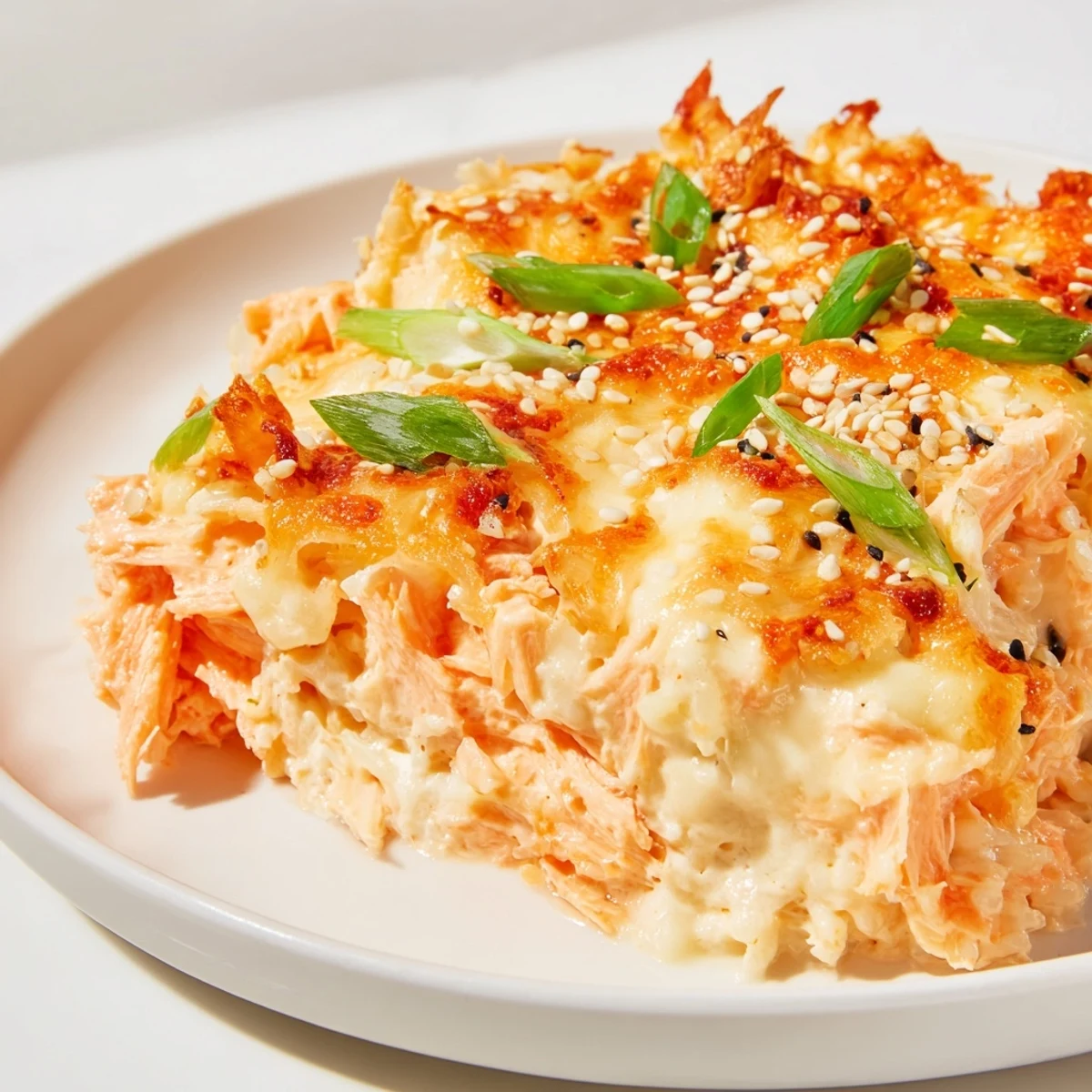 Flavorful Creamy Salmon Sushi Bake: a close-up of the dish, filled with creamy salmon and crunchy toppings.