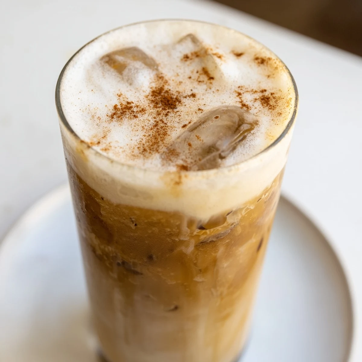 Frothy Iced Brown Sugar Oat Latte, a creamy vegan coffee drink over ice, ready to sip.