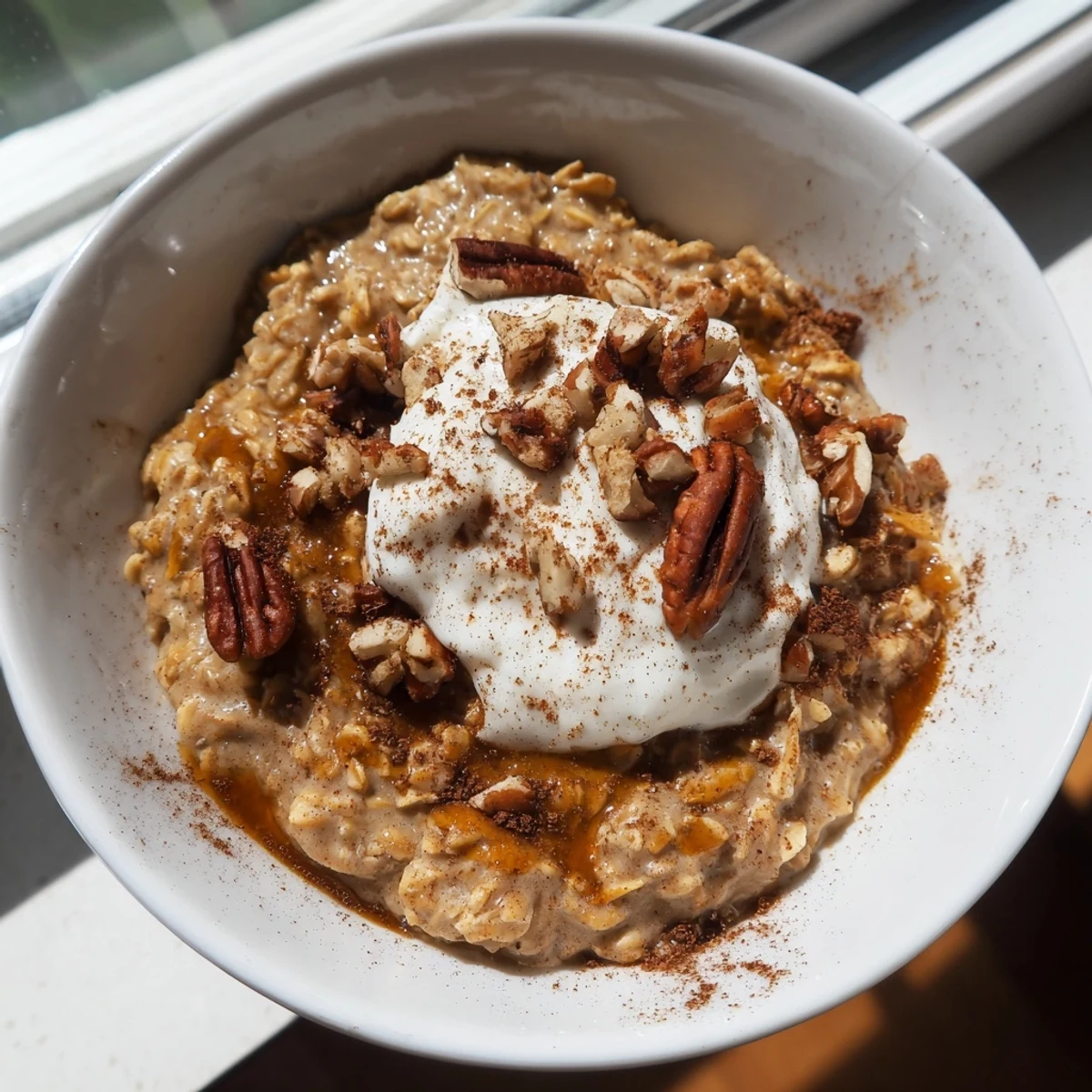 Steaming bowl of Pumpkin Spice Latte Oats, topped with whipped cream and chopped pecans.