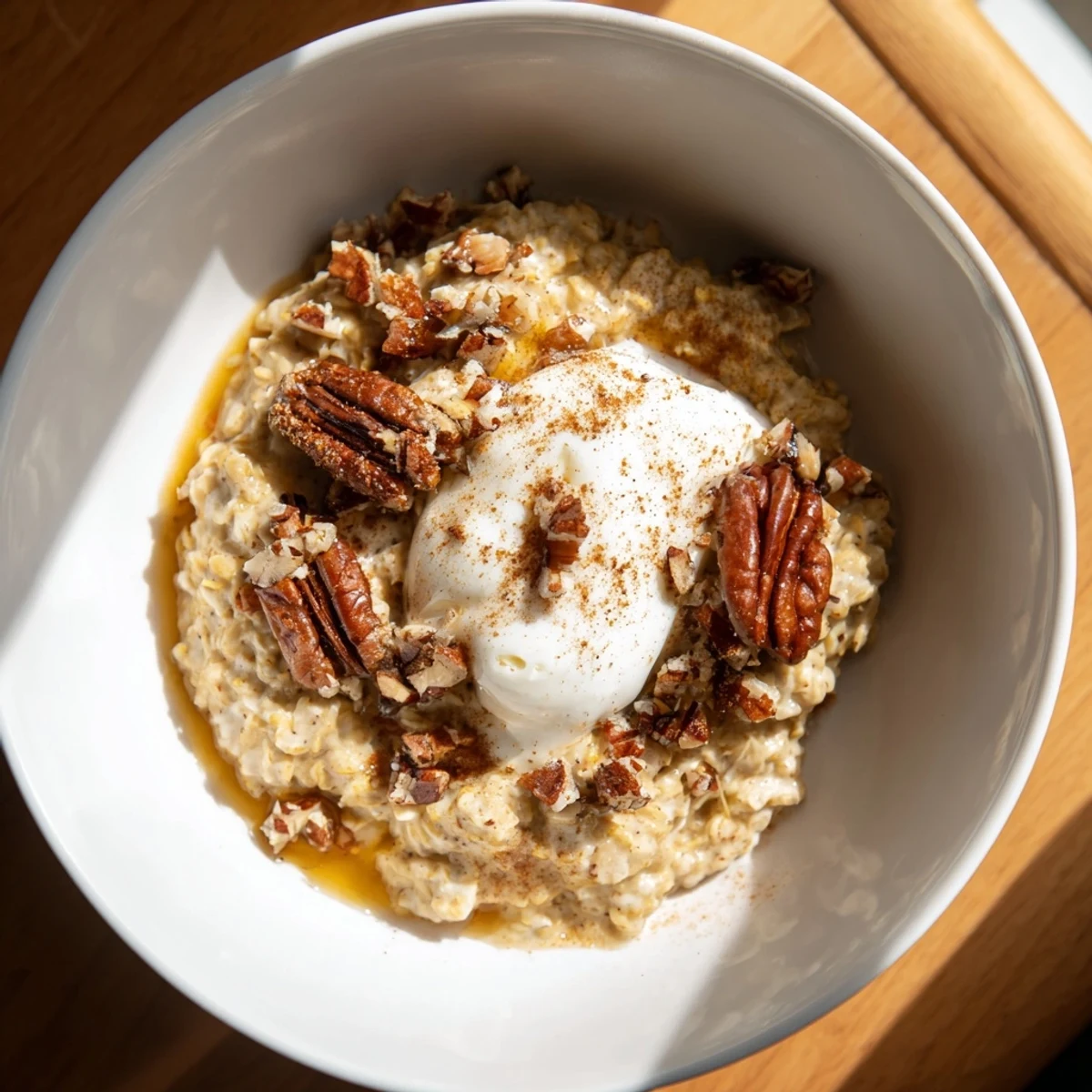 Warm, autumn-spiced Pumpkin Spice Latte Oats in bowls, perfect for a cozy breakfast treat.