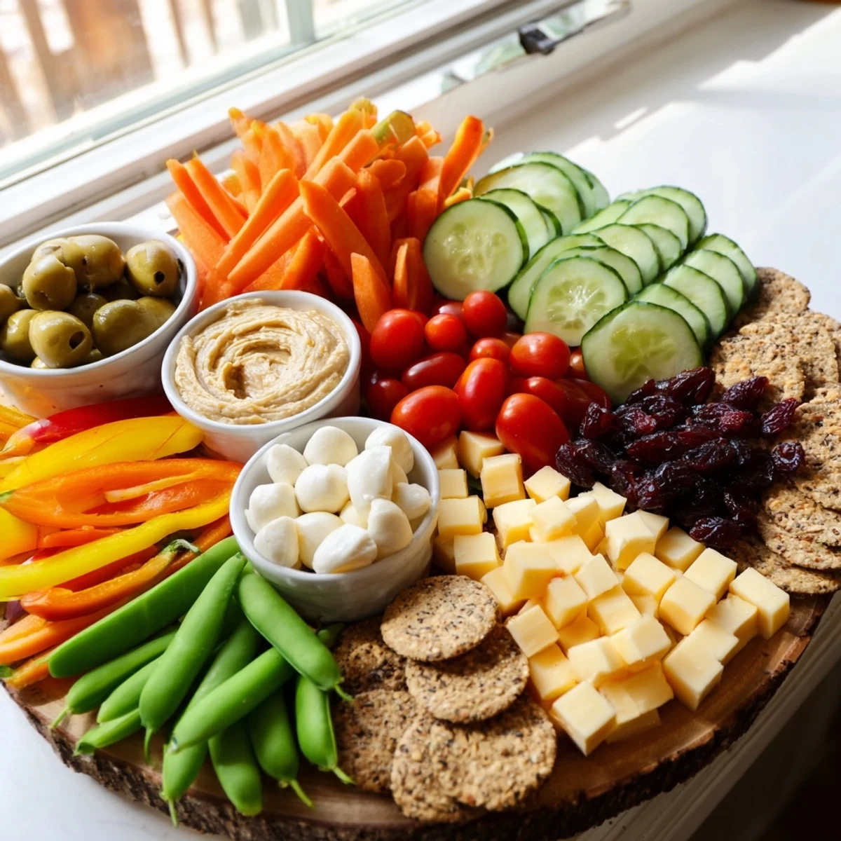 Beautiful Veggie Snack Board presented with colorful vegetables, cheeses, and dips, perfect for an adult lunchable.