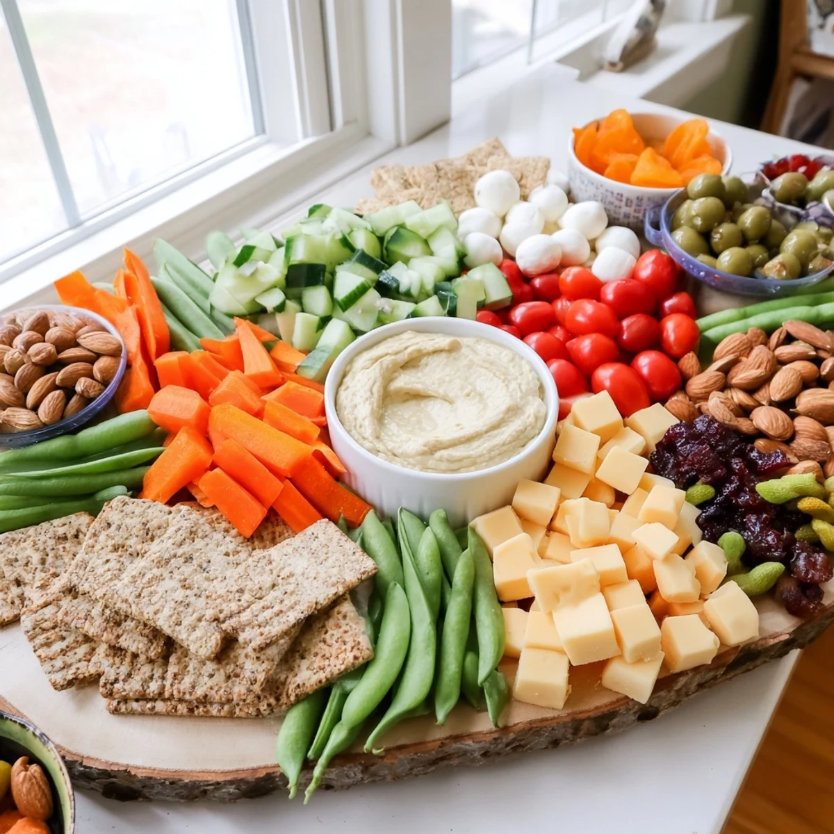 A visually appealing Veggie Snack Board showcasing a variety of healthy snacks, ideal for sharing or a quick lunch.