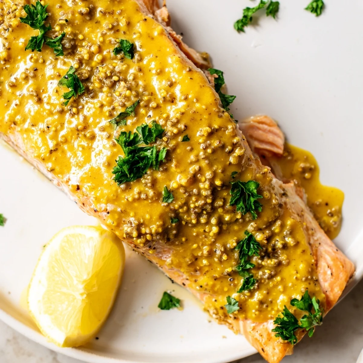 Golden-brown honey mustard salmon glistening, served alongside fresh parsley and bright lemon wedges.