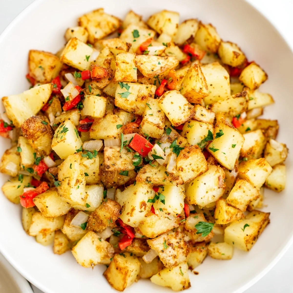 Golden, crispy air fryer breakfast potatoes, served hot, featuring colorful peppers and onions alongside.