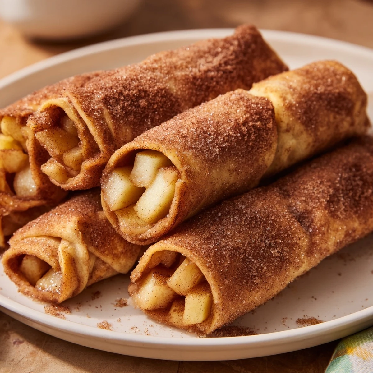 Close-up of baked Apple Pie Roll-Ups, showing a delicious, spiced apple interior and a perfect golden hue.