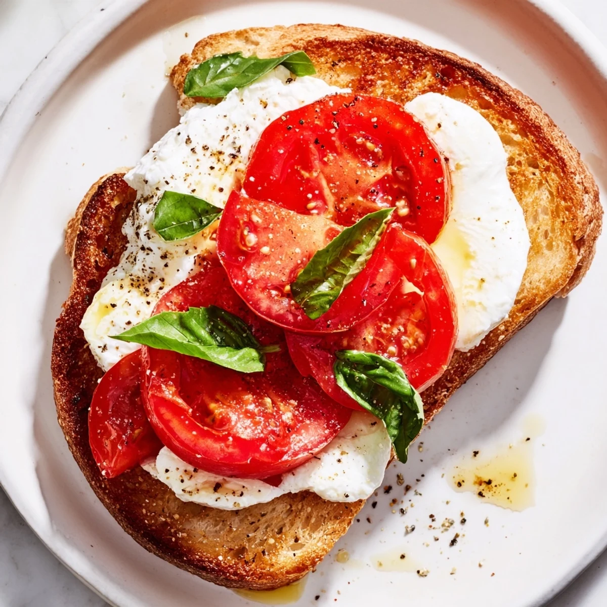 Golden, toasted sourdough holds fresh tomato slices and creamy burrata on Tomato Burrata Toast.