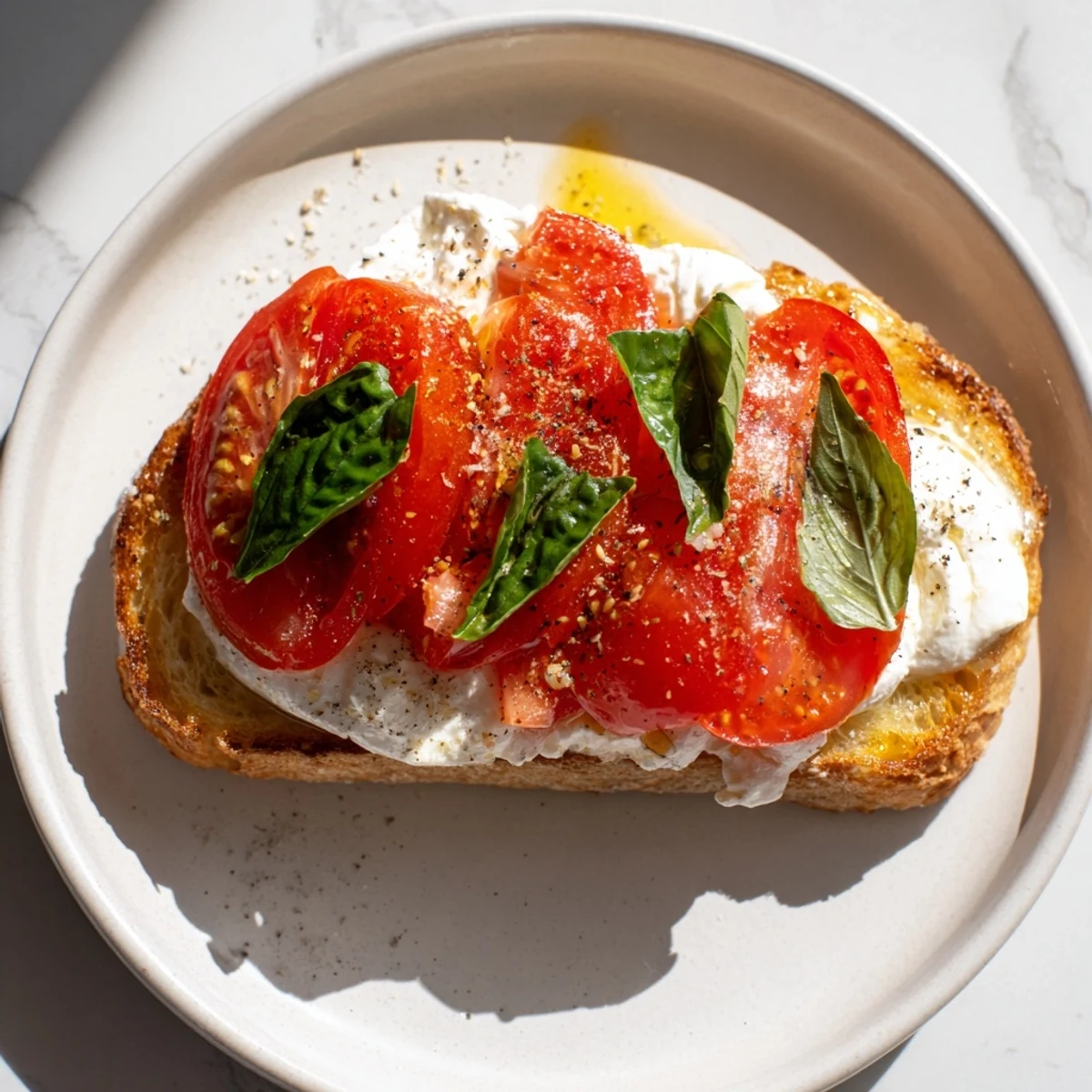 A close-up of Tomato Burrata Toast showcasing the vibrant red tomatoes and creamy cheese, drizzled with olive oil.