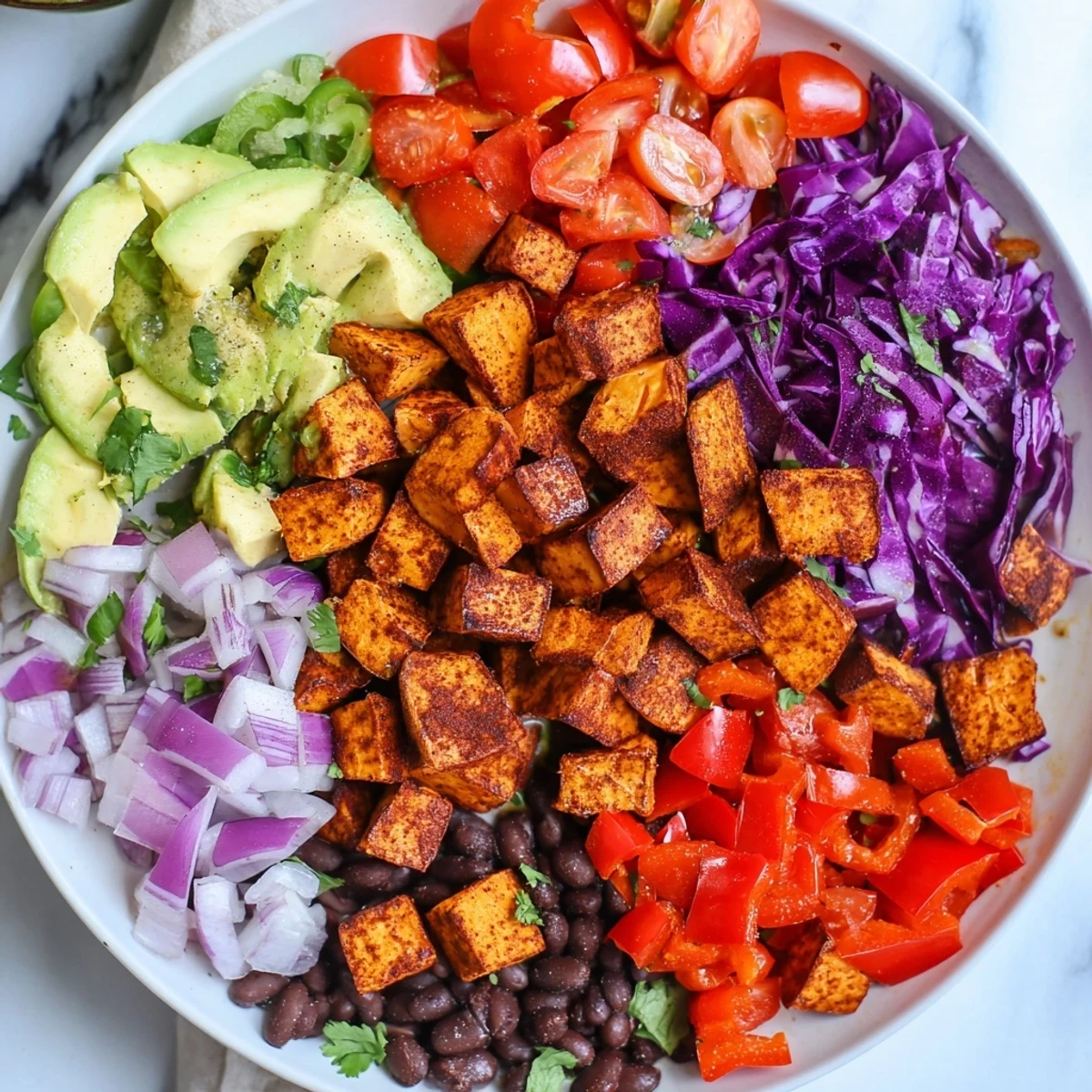 Vibrant image shows sweet potato taco bowls, with black beans, avocado, and lime, ready to enjoy.