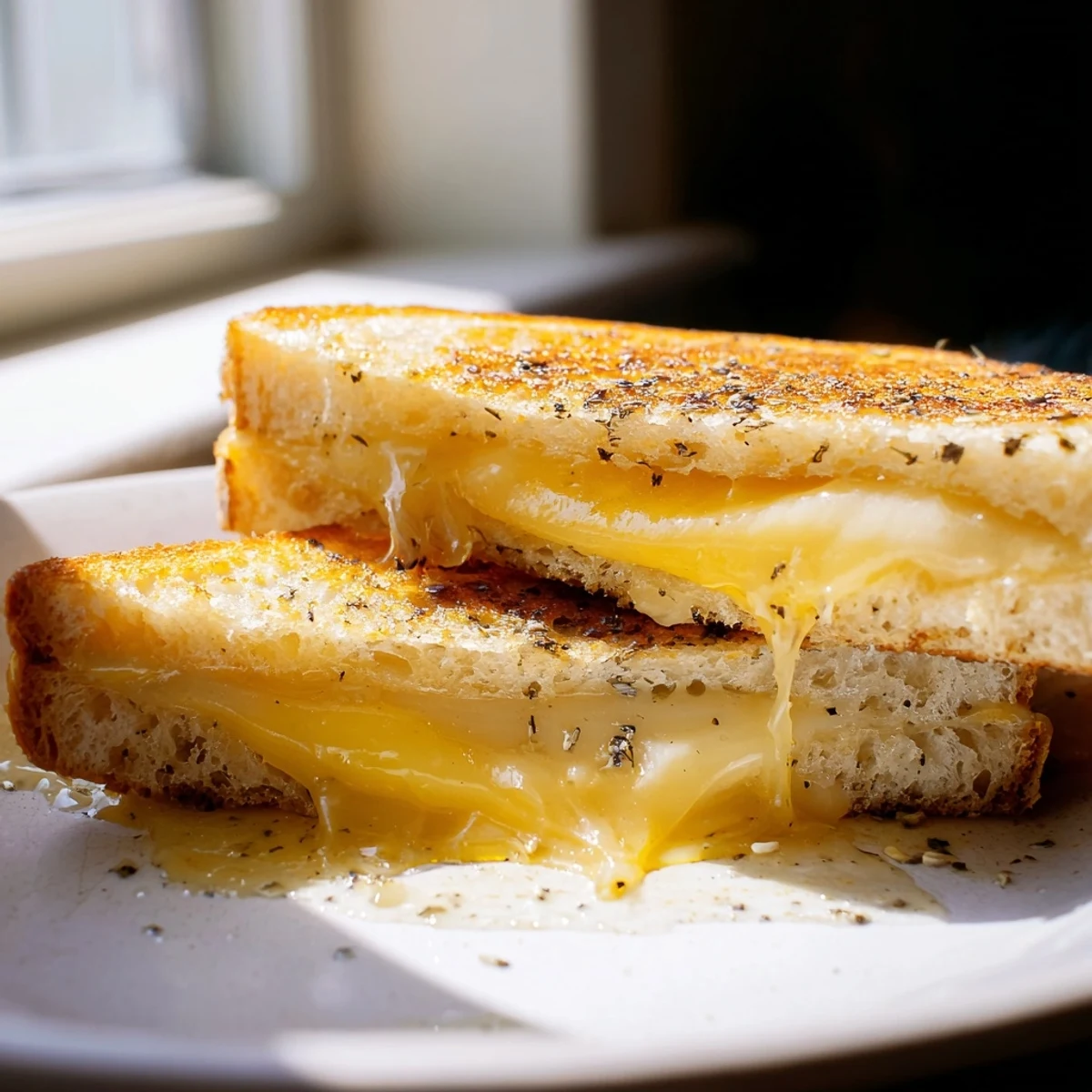 Golden-brown truffle oil grilled cheese with melted cheddar, ready for a delicious lunch.