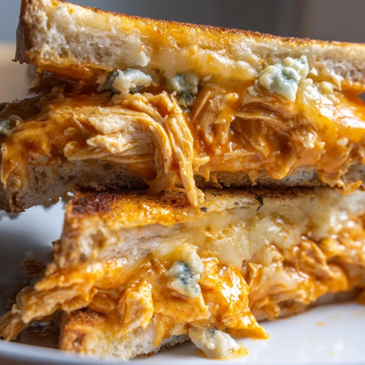 Toasted to perfection, a delicious Buffalo Chicken Grilled Cheese sandwich with a messy, cheesy interior.
