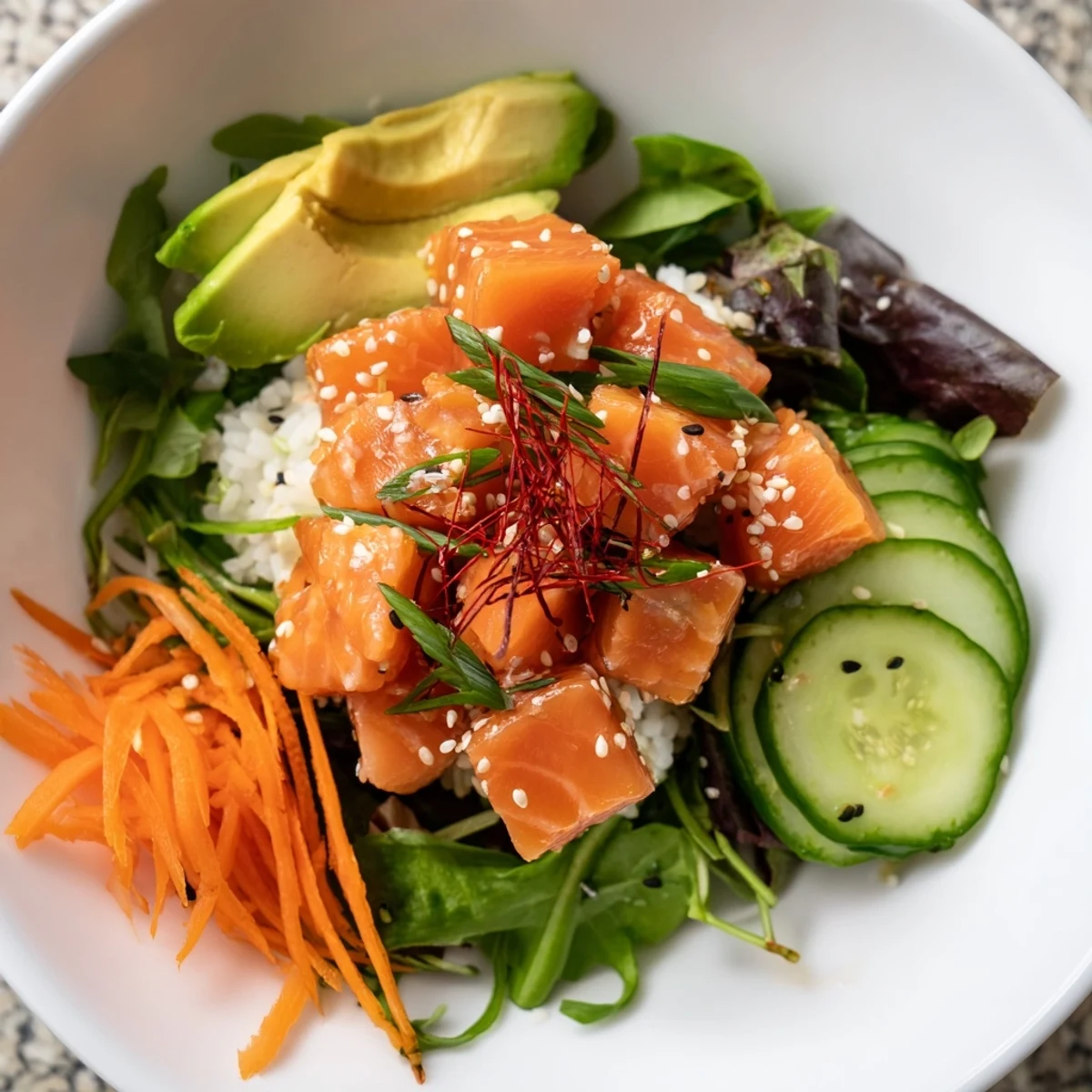 Fresh and vibrant poke bowl salad with marinated fish, colorful veggies, and sesame seeds.
