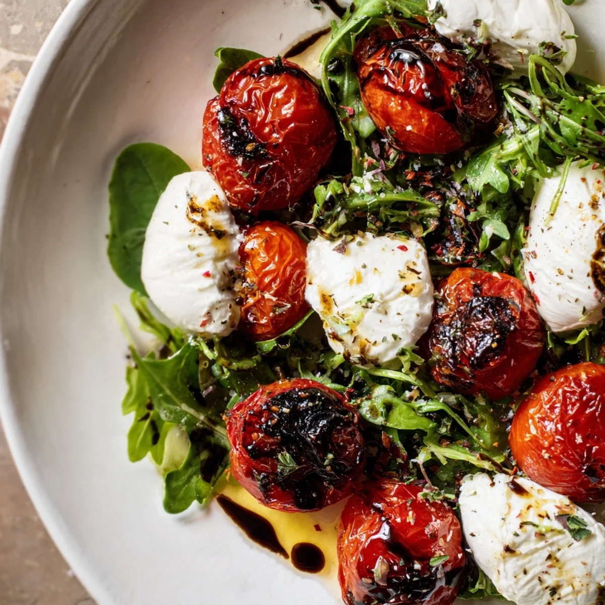 Basil-infused olive oil glistening over a vibrant Charred Tomato Salad with soft burrata.
