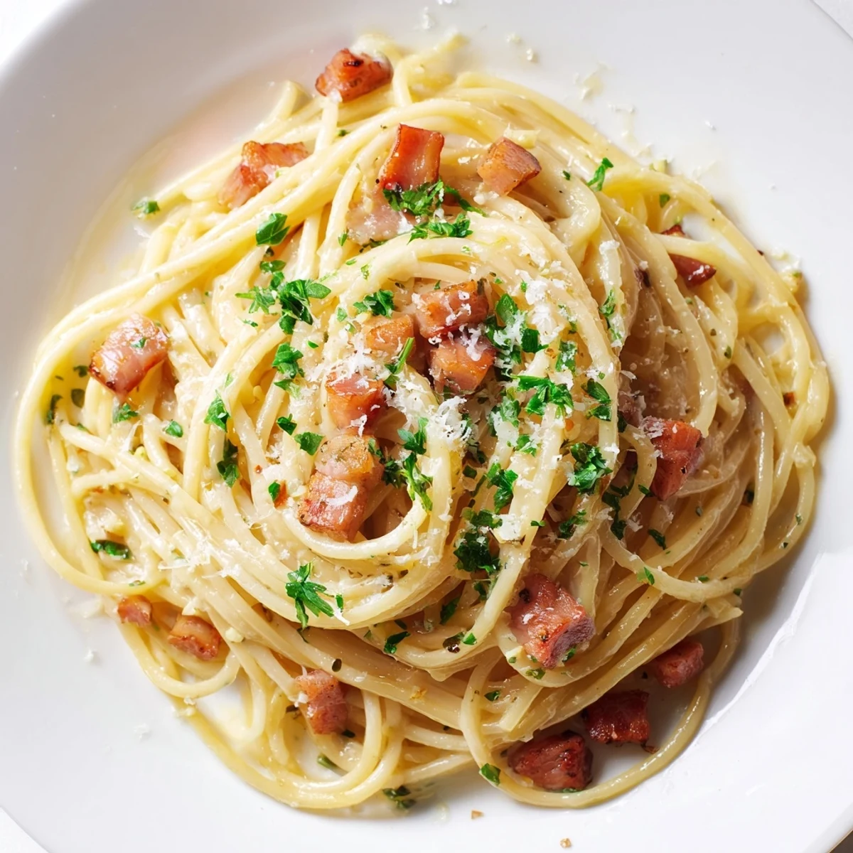 Golden, crispy bacon tops the creamy garlic bacon pasta, a perfect Italian-inspired comfort dish.