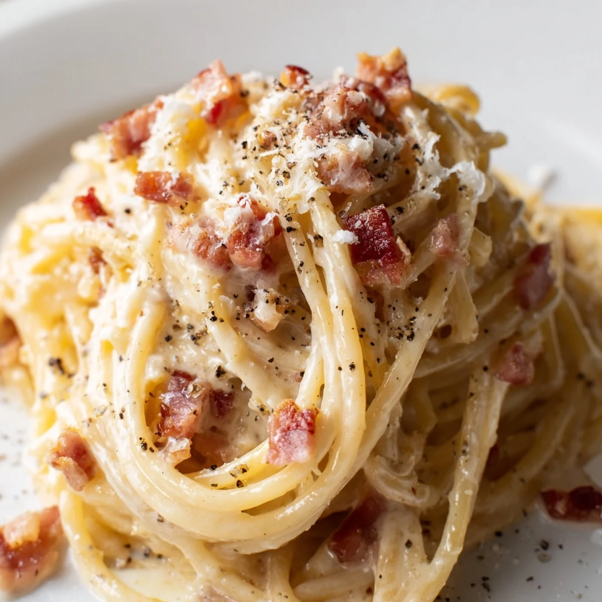 Golden-brown bacon bits top the creamy Express Spaghetti Carbonara, ready for a delicious Italian dinner.