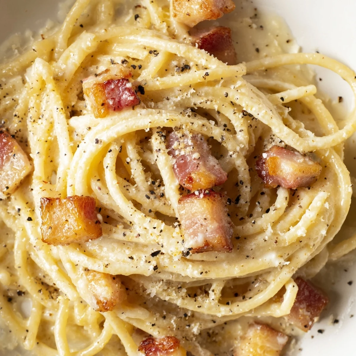 A close-up of Express Spaghetti Carbonara shows strands coated in a rich egg and cheese sauce.