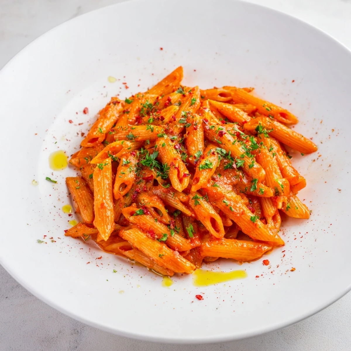 Steaming plate of penne all'arrabbiata, showcasing bright red tomato sauce and fresh herbs.
