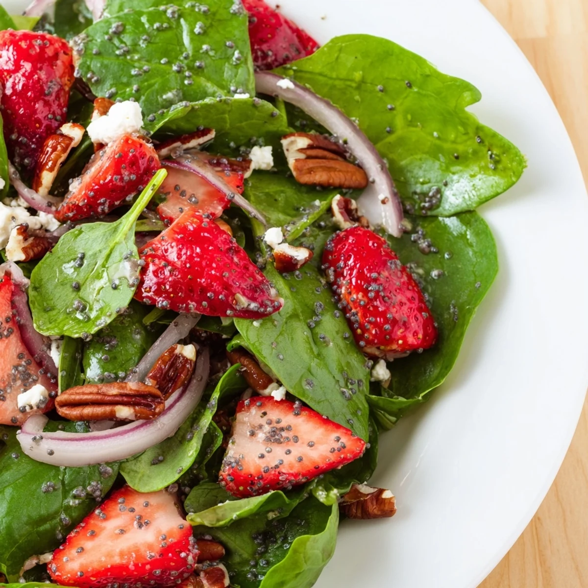 A colorful spinach strawberry salad coated in sweet poppy seed dressing, a refreshing summer meal choice.