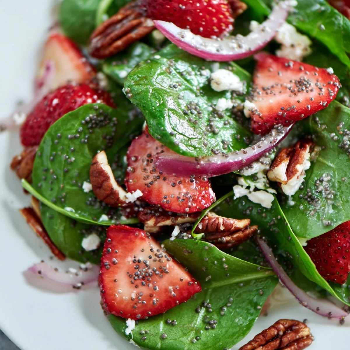 Fresh spinach strawberry salad bursting with vibrant red strawberries and crunchy pecans, ready to enjoy.