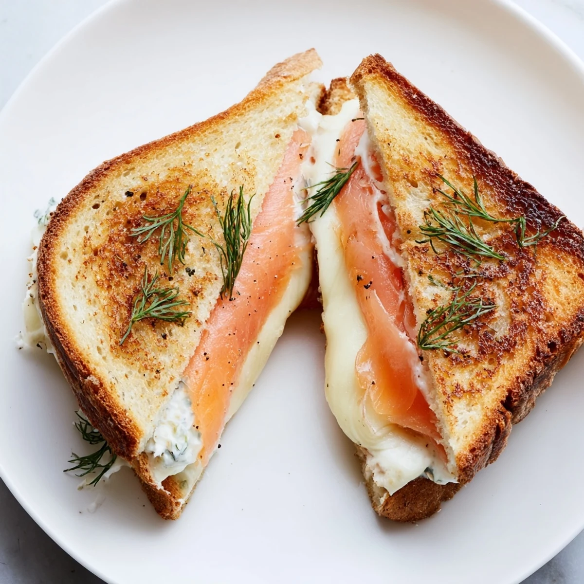 Golden, buttery Smoked Salmon Grilled Cheese oozes warm cheese, flaky salmon, and fresh dill.