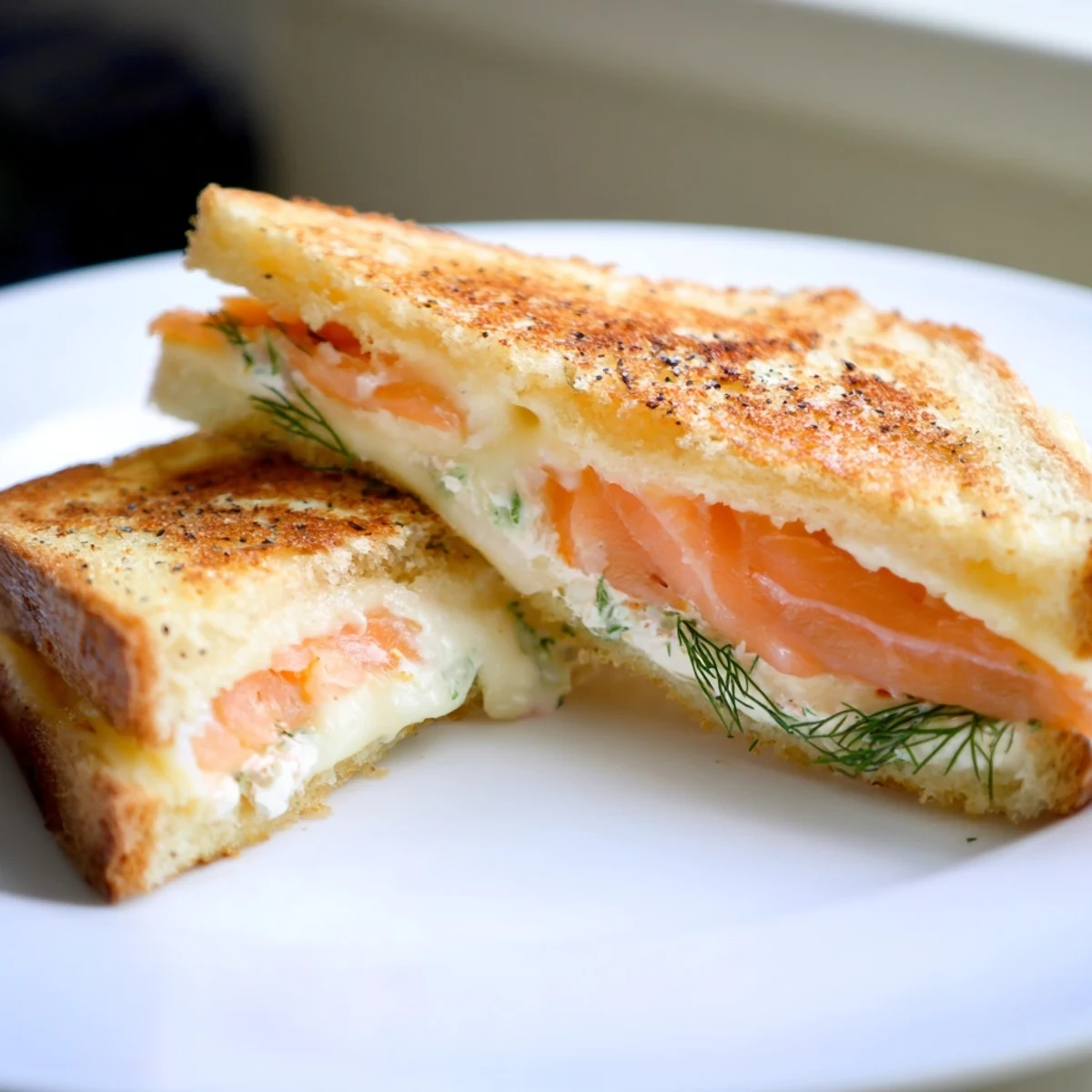 Perfectly grilled Smoked Salmon Grilled Cheese sandwich with visible layers of salmon and melted cheese, ready to eat.