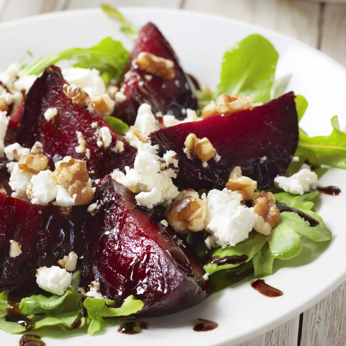 A colorful Beet and Goat Cheese Salad, showcasing sweet beet wedges and crumbled goat cheese with walnuts.