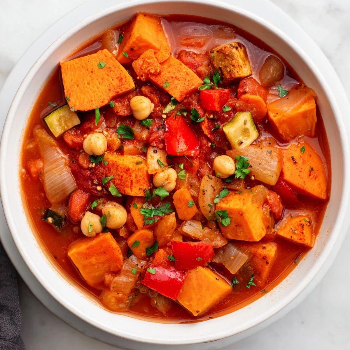 A steaming bowl of Hearty Vegan Sweet Potato Stew with colorful vegetables and herbs.