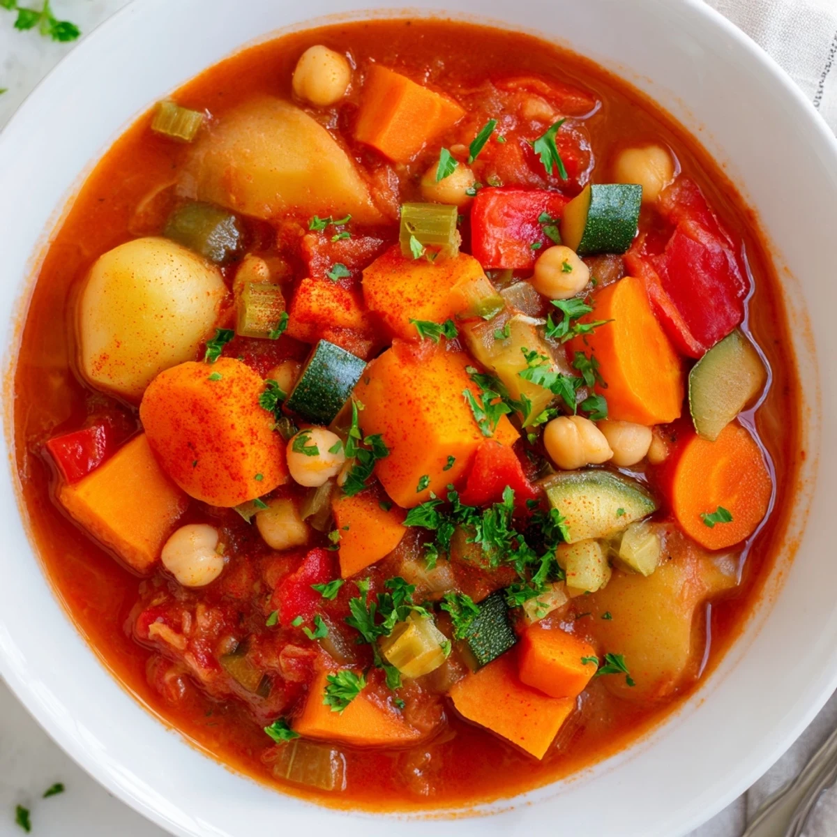 Close-up of a rustic bowl of Hearty Vegan Sweet Potato Stew, perfect for a healthy meal.