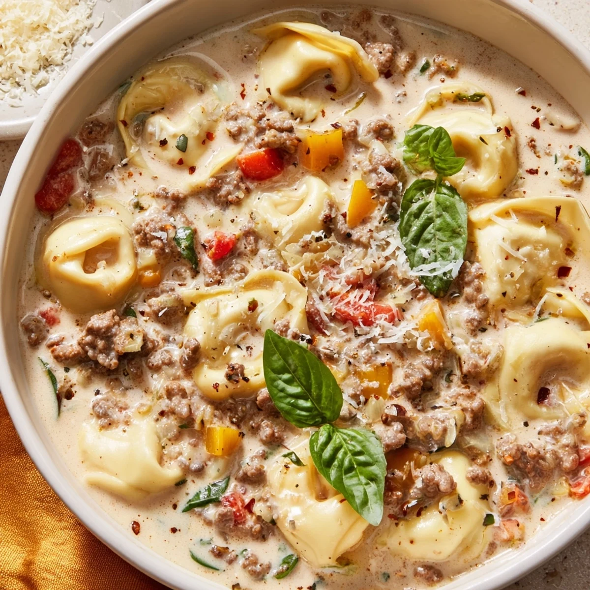 Hearty Tortellini Beef Soup, brimming with tender tortellini and rich, savory beef broth, ready to eat.