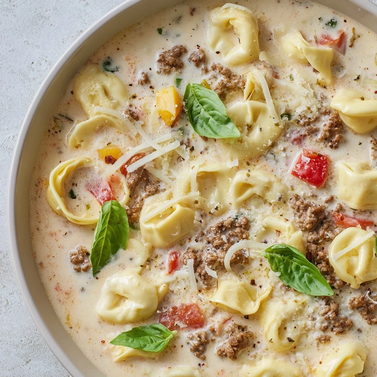 Creamy, steaming Tortellini Beef Soup: a warming bowl filled with pasta and fragrant herbs for dinner.