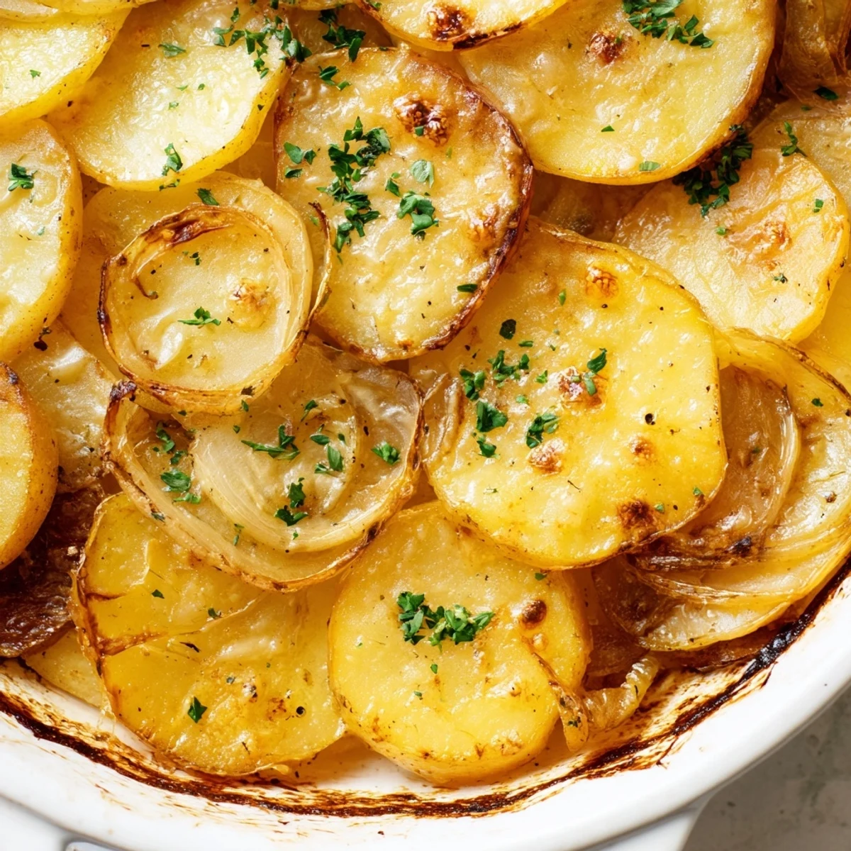 A close-up shot of baked French Onion Soup Potatoes, the cheesy top with fresh parsley, ready to eat.
