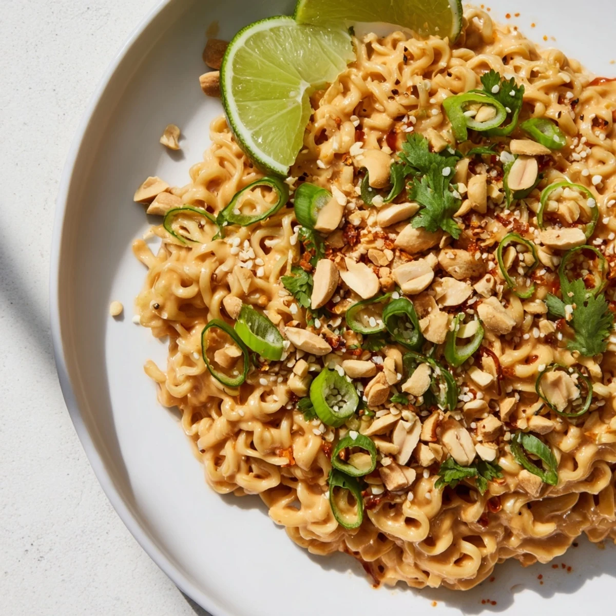 Steaming bowl of Instant Peanut Thai Sauce Noodles, coated in a luscious, spicy peanut sauce, ready to savor.