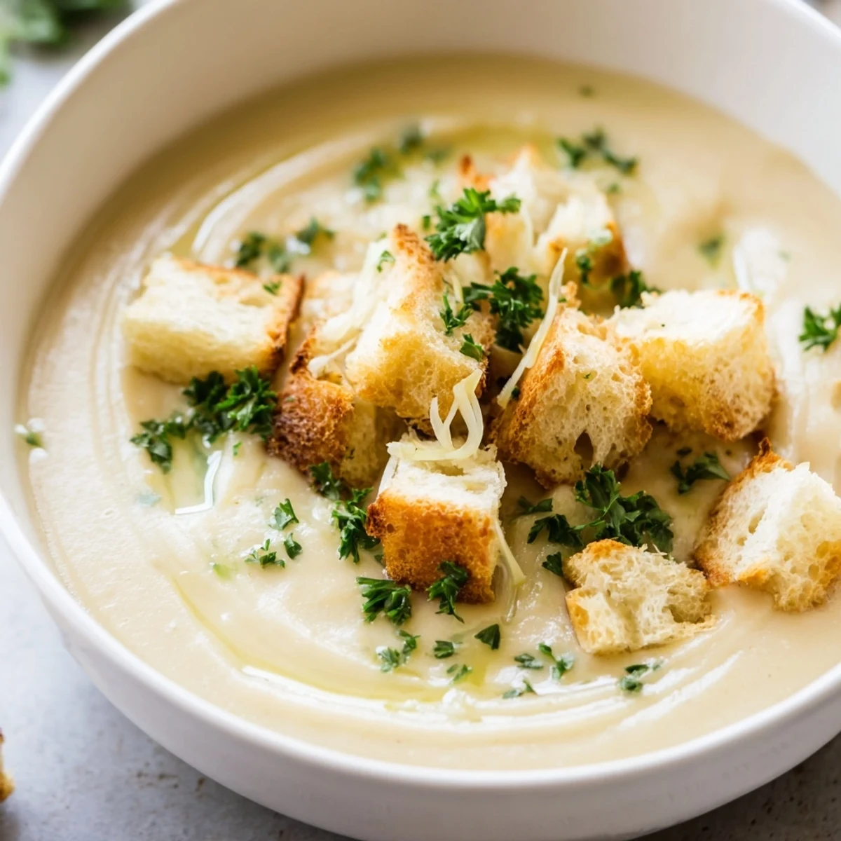 Creamy Garlic Bread Soup in a warm bowl, showcasing a rich and velvety texture after blending.