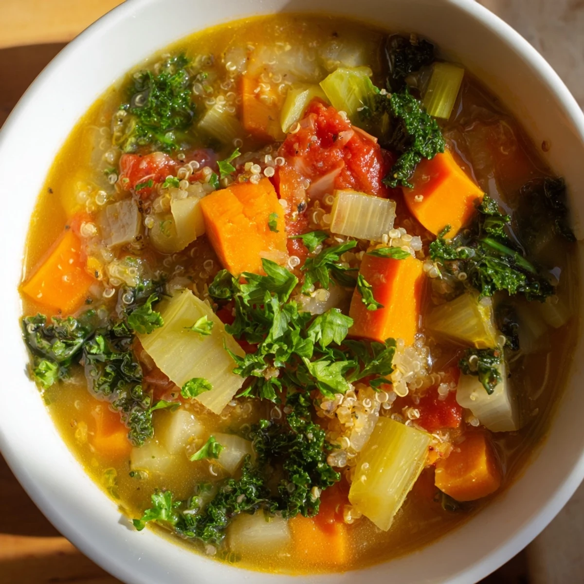 Steaming bowl of Nourishing Winter Veggie Soup, with chunks of colorful vegetables and perfect for a cozy dinner.