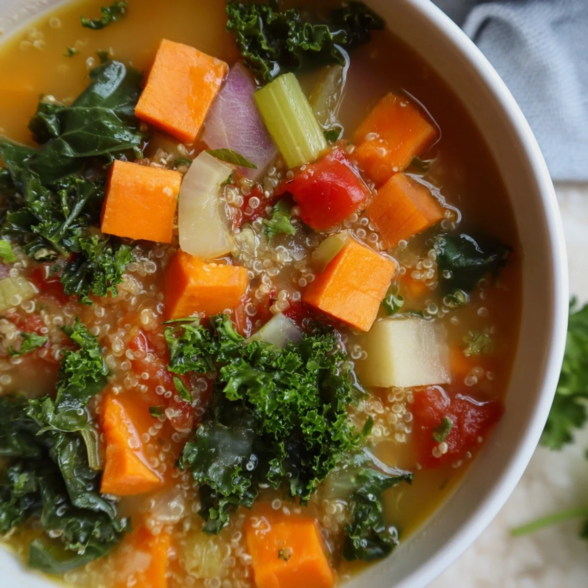 Rustic serving of Nourishing Winter Veggie Soup, garnished with fresh parsley, offering a taste of winter comfort.