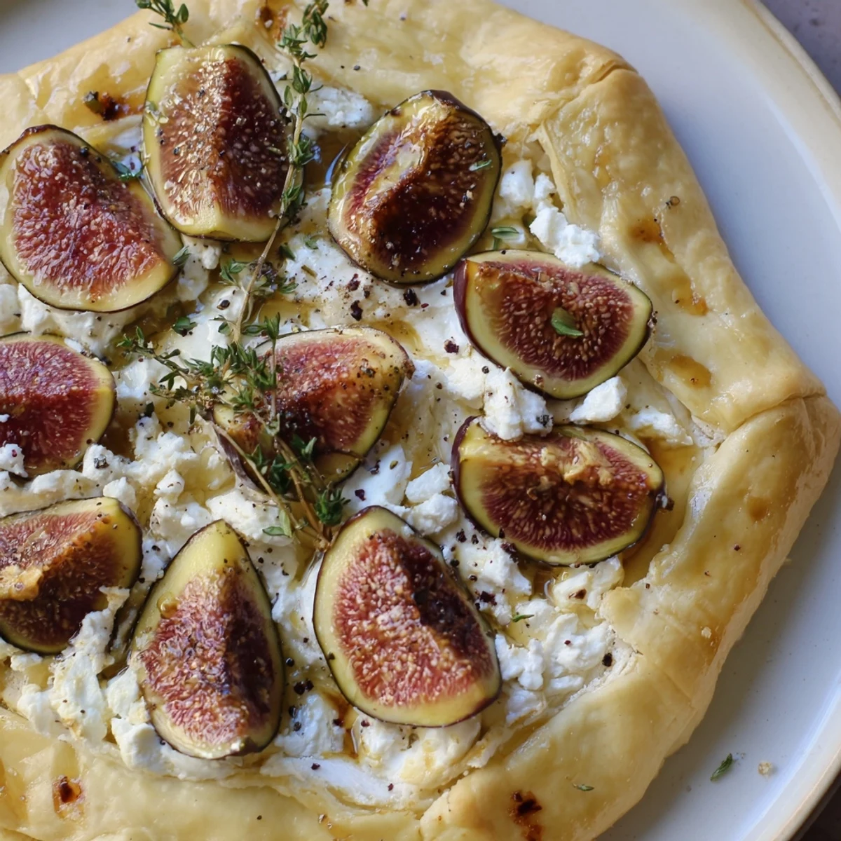 Golden, flaky puff pastry truffle pizza crust boasting sweet figs, creamy goat cheese, ready to eat.