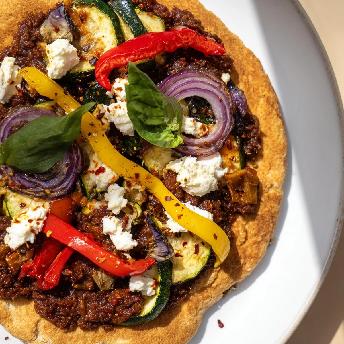 Naan bread pizza with vibrant roasted vegetables and creamy feta, ready to enjoy.