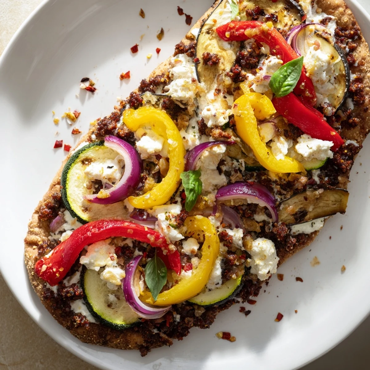 Warm naan bread pizza, topped with olives, feta, and colorful roasted vegetables.