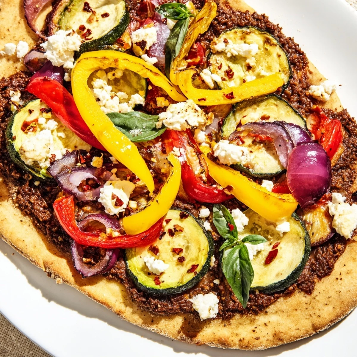 Freshly baked naan bread pizza, featuring olive tapenade and a medley of ingredients.