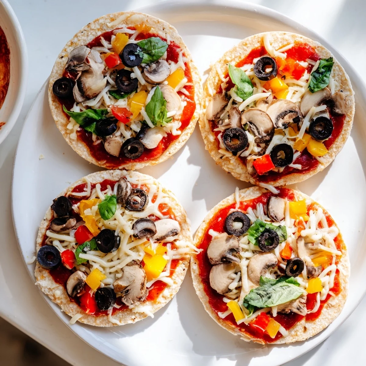 Overhead shot of colorful Rice Cake Pizza Squares, featuring fresh herbs and vibrant toppings.