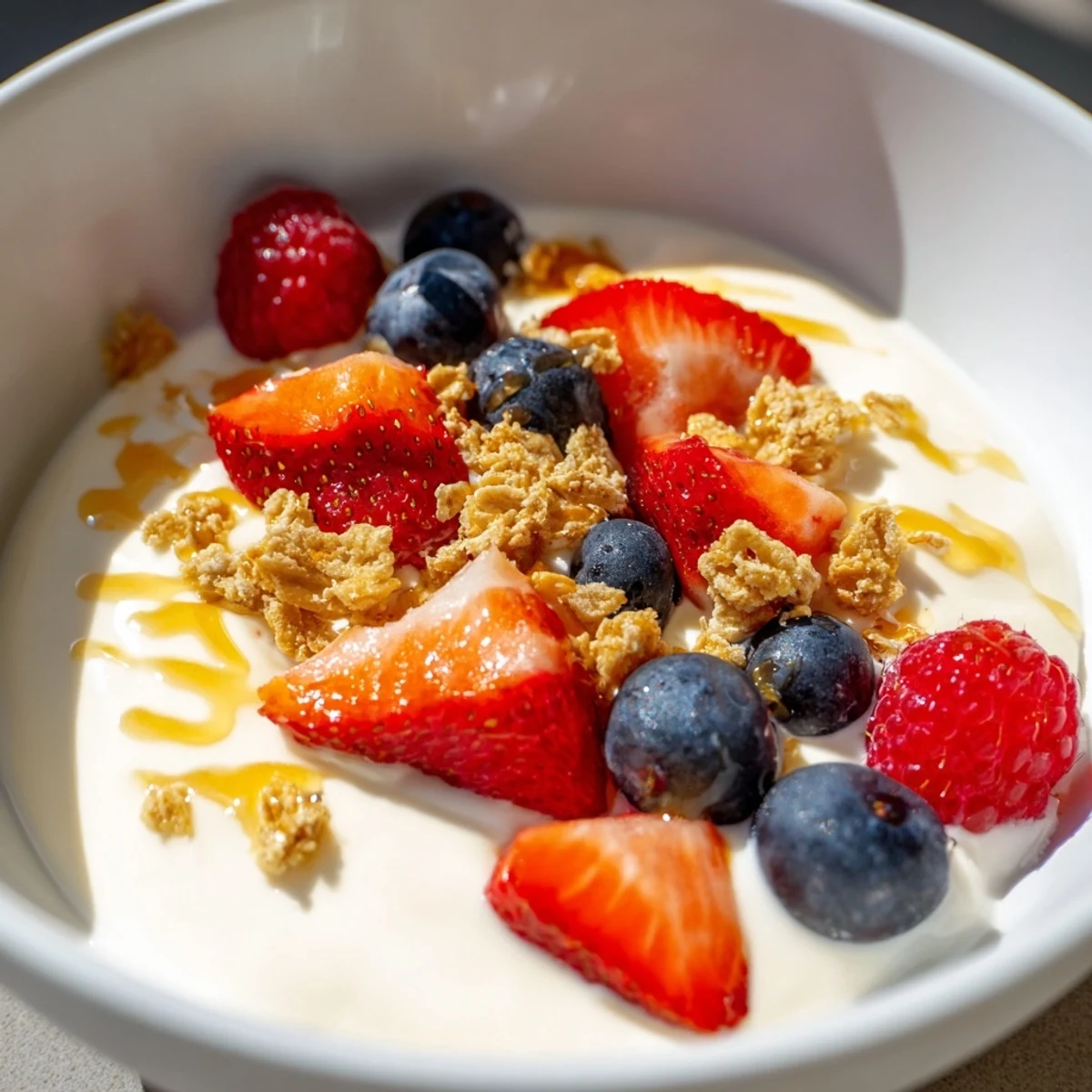 Sweet mixed berries and crunchy granola garnish this delightful Cottage Cheese Hot Honey Bowl, ready to eat.