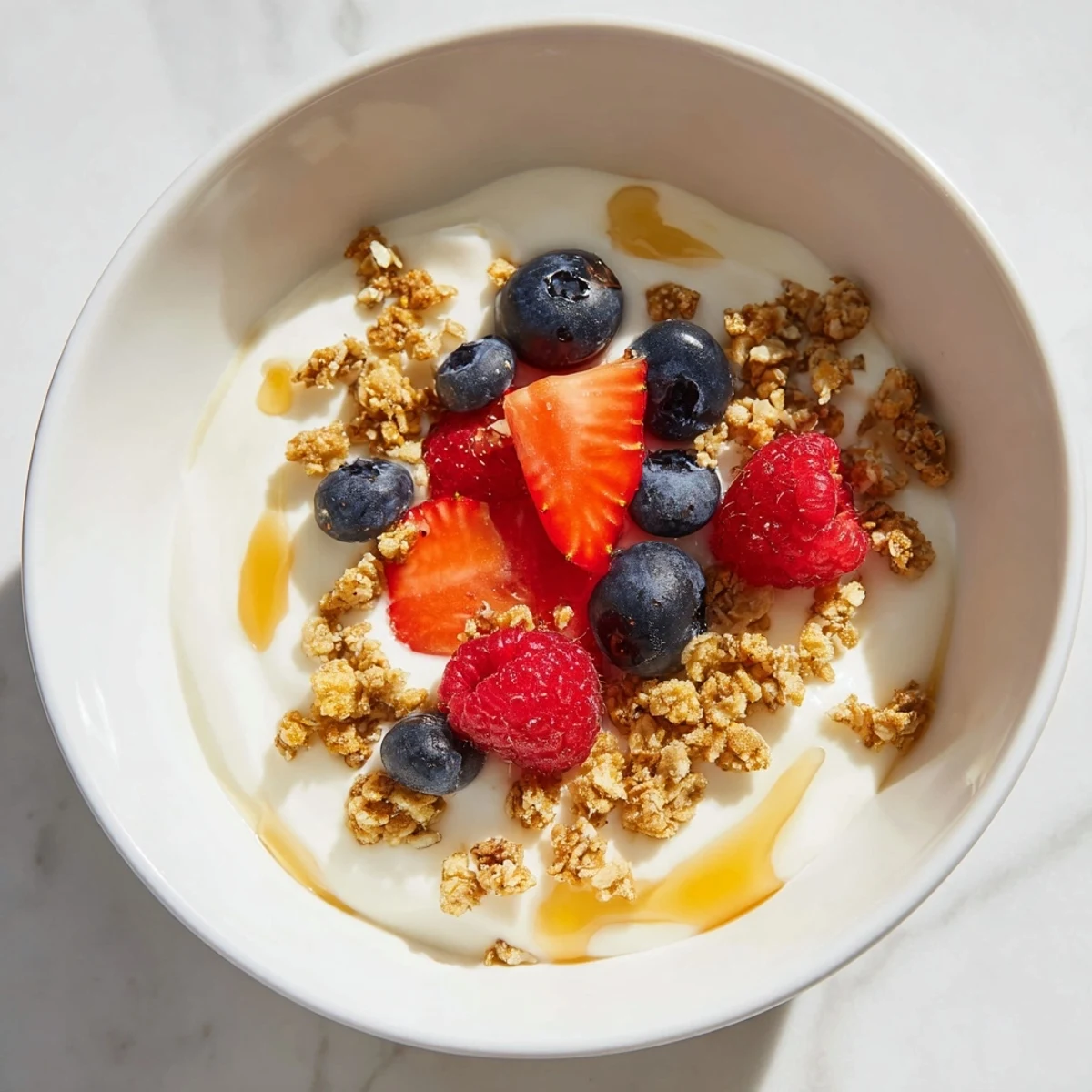 A close-up of a Cottage Cheese Hot Honey Bowl showcasing the vibrant colors and sweet, spicy flavors.