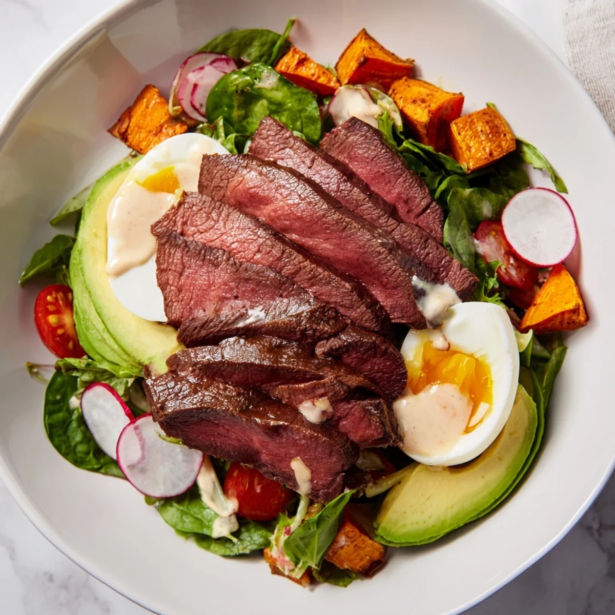 This delicious High-Protein Beef Avocado Bowl features a medley of colorful roasted veggies, juicy beef, and egg.