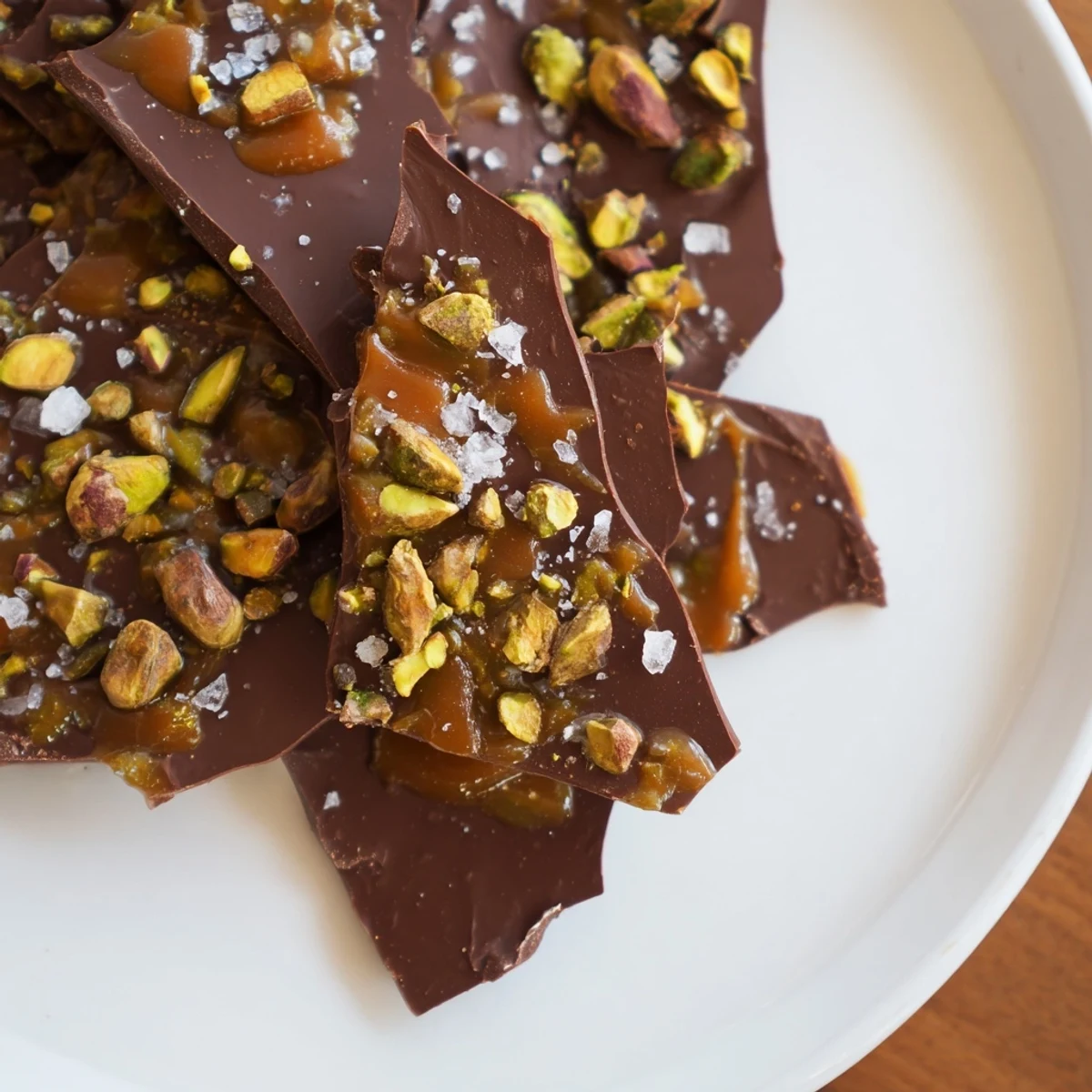 Decadent Pistachio Salted Caramel Bark, showcasing layers of rich chocolate, caramel, and chopped pistachios.