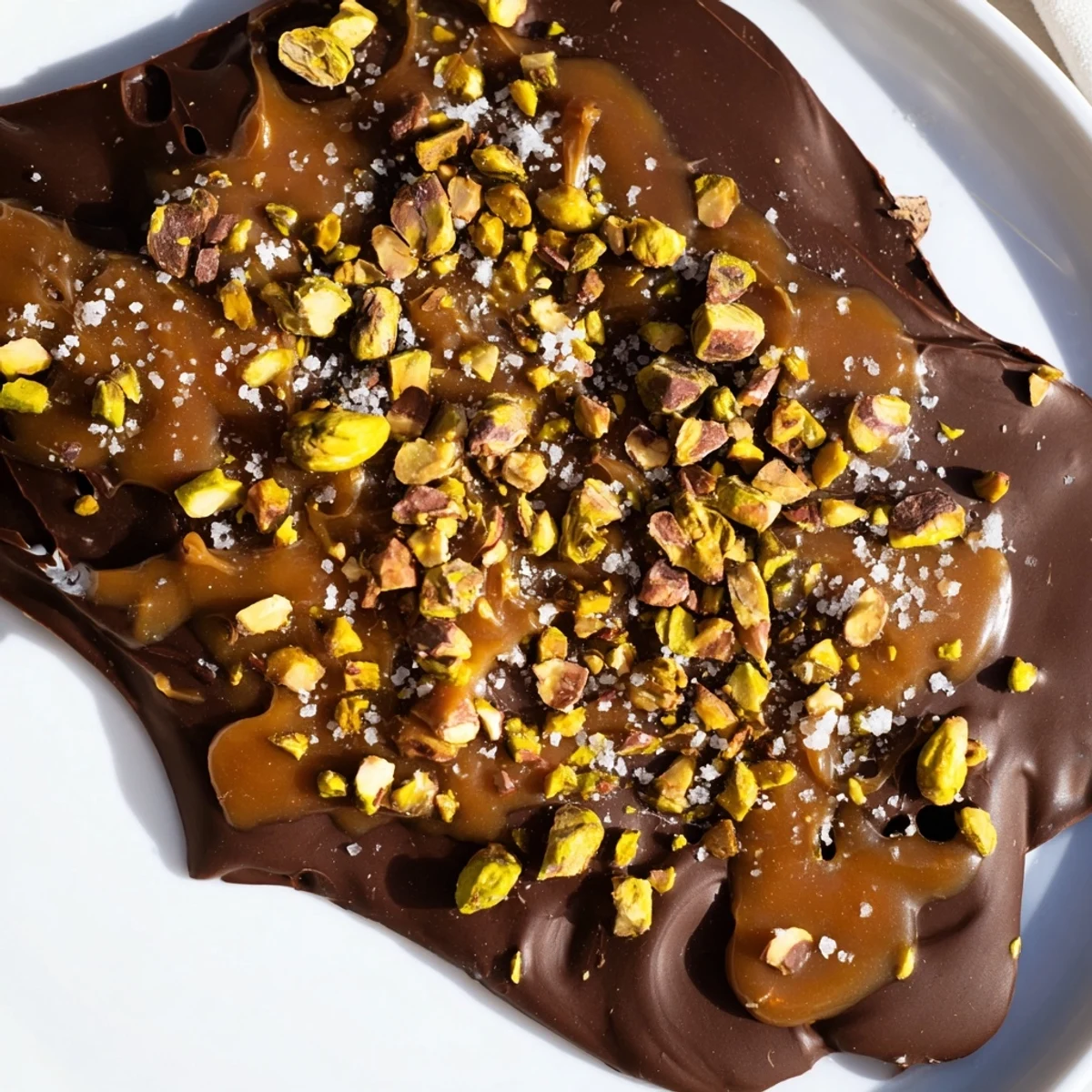 A close-up of beautifully crafted Pistachio Salted Caramel Bark, ready to break and enjoy as a treat.