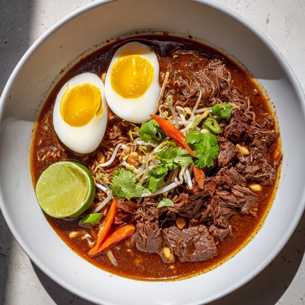 This picture features a beautifully plated Chaos Cooking Birria Ramen, a fusion delight ready to enjoy.